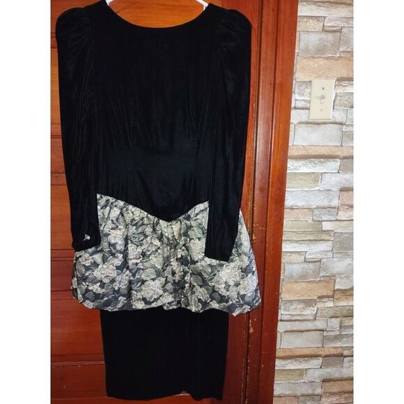 Sz 9/10 Vintage Black Velvet Bodycon Metallic Gold Big Bow Dress Cupcake - Picture 11 of 13